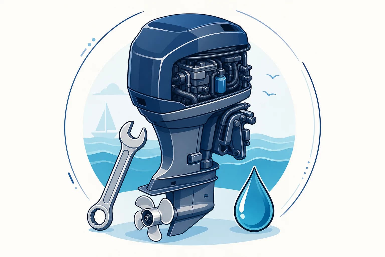 Illustration d’un moteur de bateau et d’une clé pour l’entretien